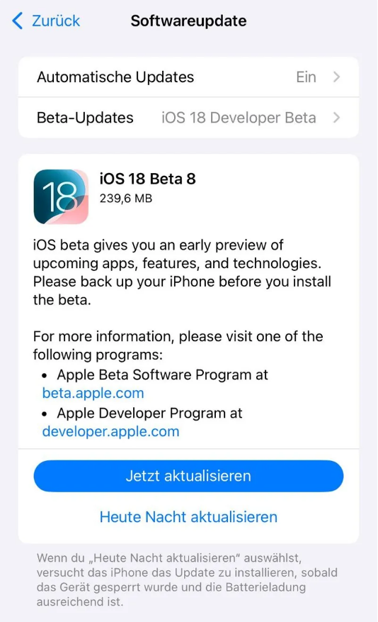 双牌苹果手机维修分享苹果 iOS / iPadOS 18 开发者预览版 Beta 8 发布 